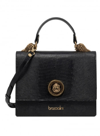 Penelope Lizard Logo Detail Shoulder Bag Black/Gold