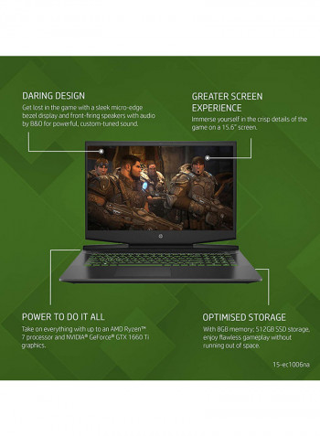 Renewed - Pavilion 15-DK0056 2021 Gaming Laptop With 15.6-Inch Display, AMD Ryzen 7 Processor/4th Gen/8GB RAM/512GB SSD/6GB Nvidia GTX 1650 Graphics ‎Shadow Black