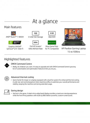 Renewed - Pavilion 15-DK0056 2021 Gaming Laptop With 15.6-Inch Display, AMD Ryzen 7 Processor/4th Gen/8GB RAM/512GB SSD/6GB Nvidia GTX 1650 Graphics ‎Shadow Black