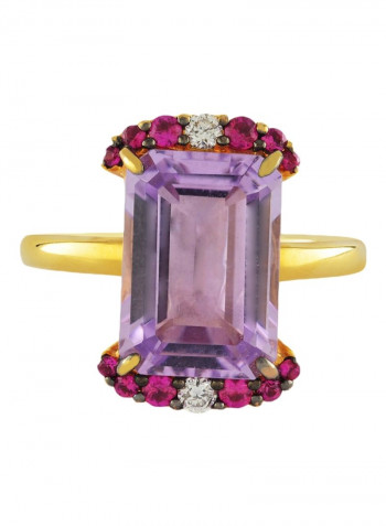 18K Gold Emerald Shaped Diamond Amethyst And Ruby Studded Ring