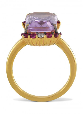 18K Gold Emerald Shaped Diamond Amethyst And Ruby Studded Ring