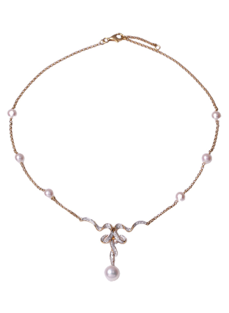 18K Gold Freshwater Pearl With Diamond Chain Necklace