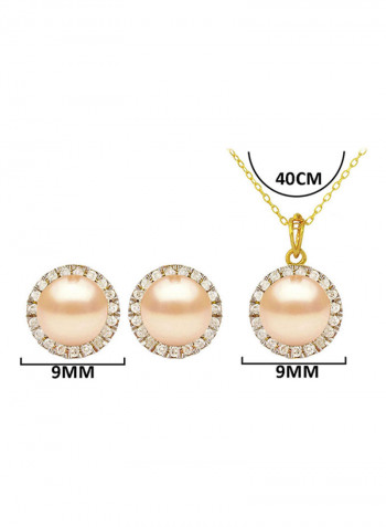 18 Karat Solid Gold 0.30 Carat Genuine Diamonds And 6-7 mm Pearl Jewellery Set