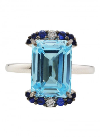 18K White Gold Emerald Shaped Diamond Aquamarine And Sapphire Studded Ring