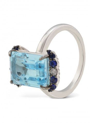 18K White Gold Emerald Shaped Diamond Aquamarine And Sapphire Studded Ring