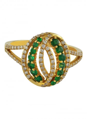 18K Yellow Gold Oval Shaped Diamond And Emerald Studded Ring