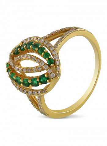 18K Yellow Gold Oval Shaped Diamond And Emerald Studded Ring