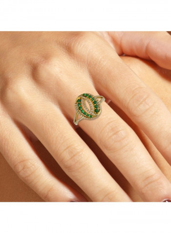 18K Yellow Gold Oval Shaped Diamond And Emerald Studded Ring