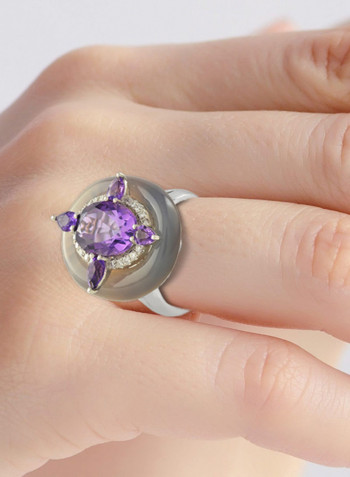 18 Karat White Gold 0.18Ct Diamond And Amethyst Studded Ring