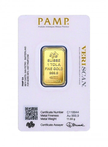 Suisse Pamp 24K (999.9) 1 Tola Gold Bar