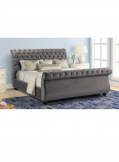 Curve Rolled Top-Tufted Super King Bed With Spring Mattress Set Grey/Beige 200x200x150cm