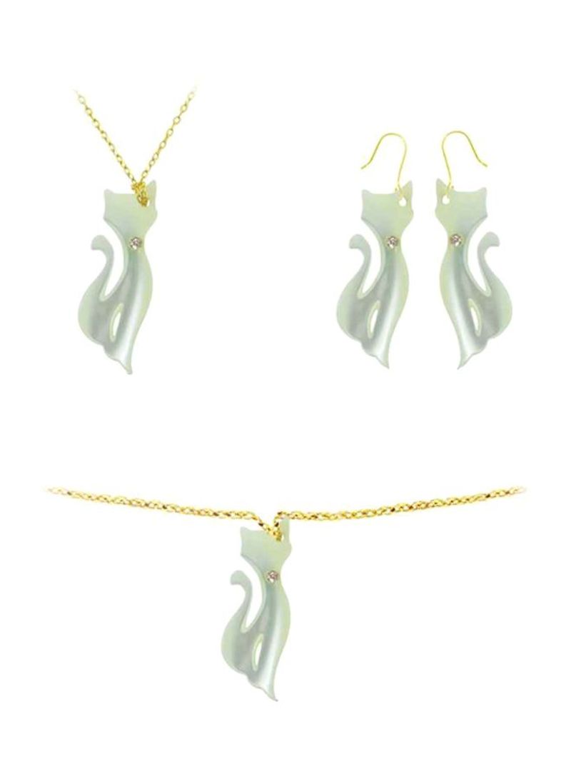 3-Piece 18 Karat Gold Kitty Back Mother of Pearl Jewelry Set