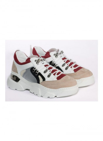 Leather Lace-up Sneakers Red/White/Beige