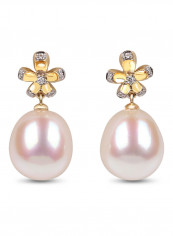 18K Yellow Gold Flower Freshwater Pearl Teardrop Earrings