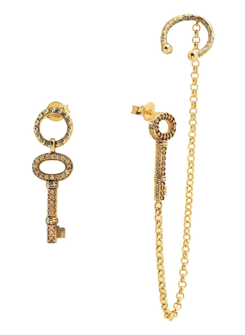 18 Karat Gold Smokey Quartz Key Asymmetric Dangle Earrings