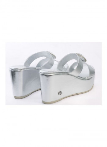 Leather Wedge Sandals Silver
