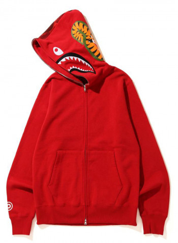 Shark Printed Full Zip Hoodie Red