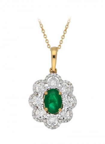 18 Karat Gold 0.27Ct Diamond And Emerald Stone Studded Flower Designed Pendant Yellow