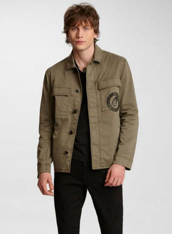 Back Printed Biker Jacket زيتوني
