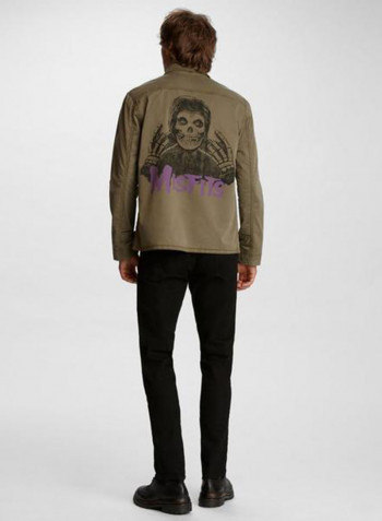 Back Printed Biker Jacket زيتوني