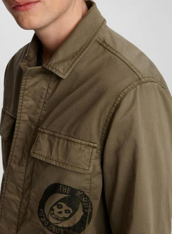 Back Printed Biker Jacket زيتوني