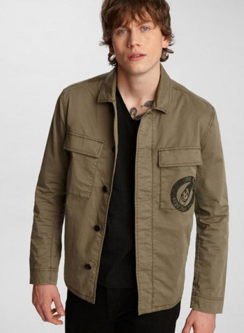 Back Printed Biker Jacket زيتوني