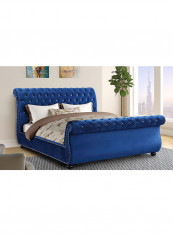 Rolled Top-Tufted Super King Bed Frame Without Mattress Blue 200x200x150cm