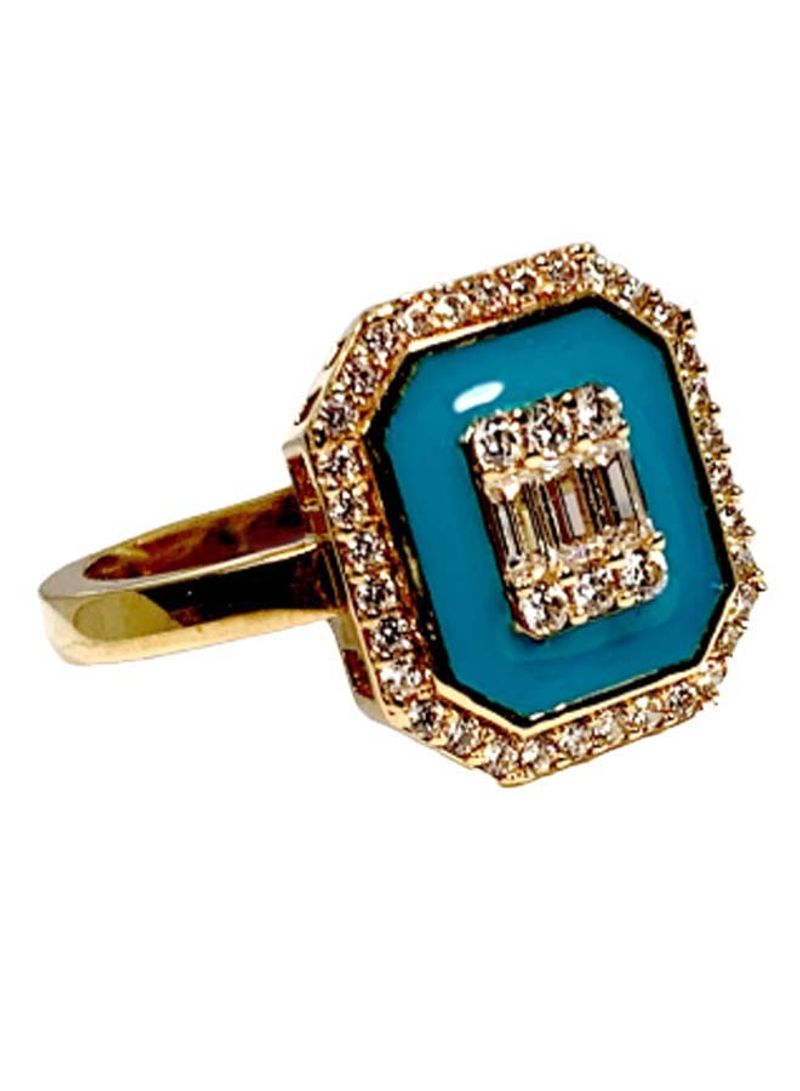 18K Blue Enamel and White Sapphire Gold Cut Ring