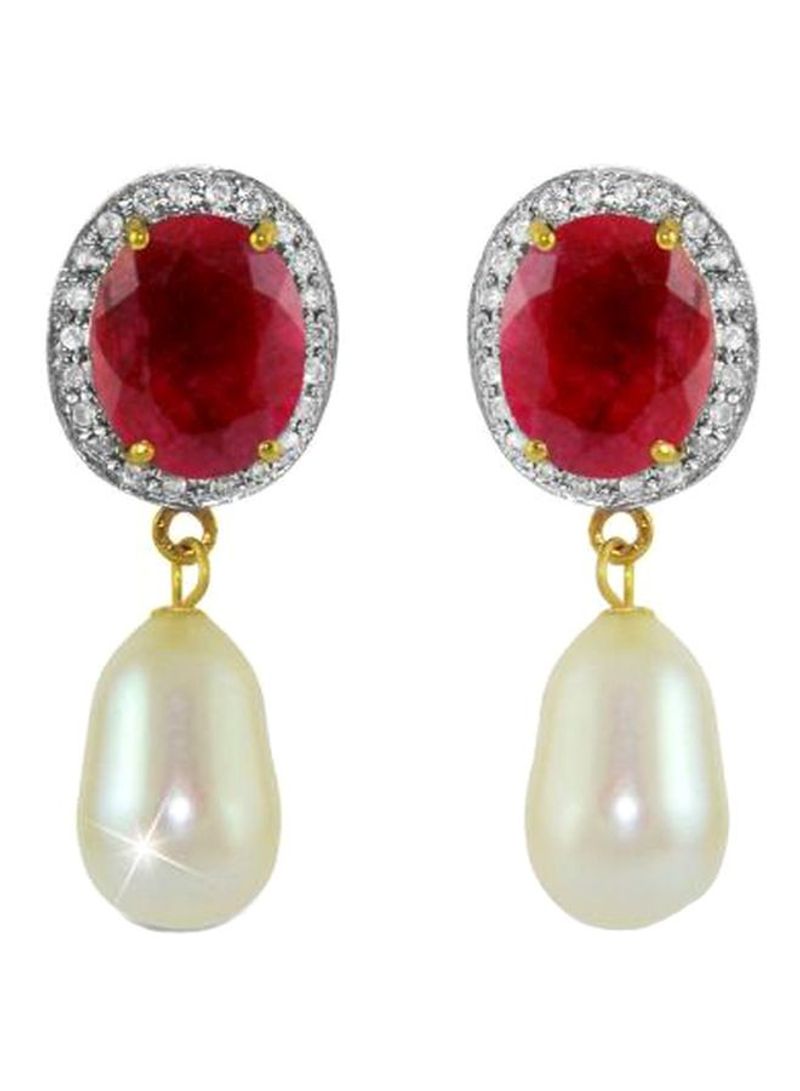 18 Karat Gold 0.24Ct Diamond Ruby And Pearl Studded Earrings