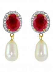 18 Karat Gold Oval Ruby Earrings With Diamonds And Pearl