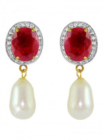 18 Karat Gold Oval Ruby Earrings With Diamonds And Pearl