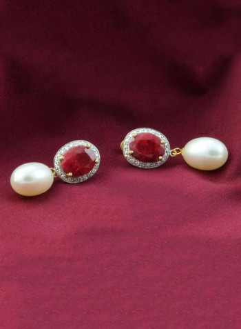 18 Karat Gold Oval Ruby Earrings With Diamonds And Pearl