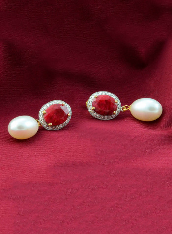 18 Karat Gold Oval Ruby Earrings With Diamonds And Pearl
