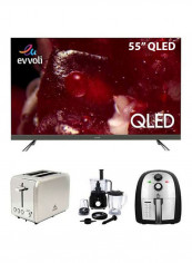 55 Inch QLED Android Smart TV With SoundBar System, 2 Liters 600W Multifunction Food Processor, 5.5 Liters 6 Preset Program MultiFunction Air Fryer And 6 Setting Stainless Steel Toaster 55EV350QA/EVKA- FP20B/EVKA-AF5501B/EVKA-TO7HS Black