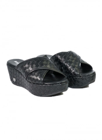Leather Slip-on Wedge Sandals Black