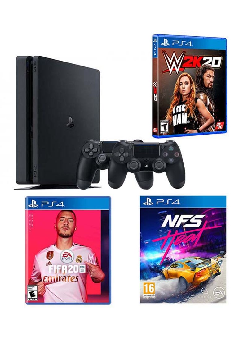 PlayStation 4 Slim 500GB Console With 2 Dualshock Controllers And 3 Games (FIFA 20 + NFS Heat + WWE 2K20)