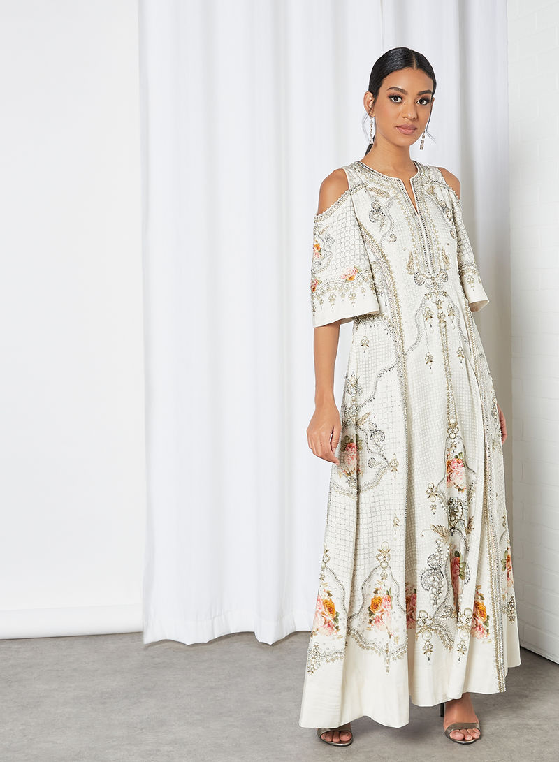 Victorian Jewel Print Dress Off- White