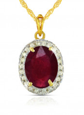 18 Karat Gold 0.12 Carat Diamond And Oval Cut Ruby Pendant Necklace