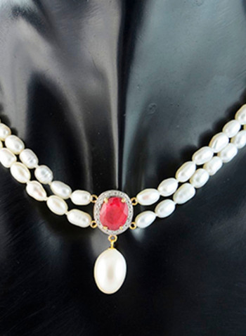 18 Karat Gold Diamonds Oval Ruby And Pearl Necklace