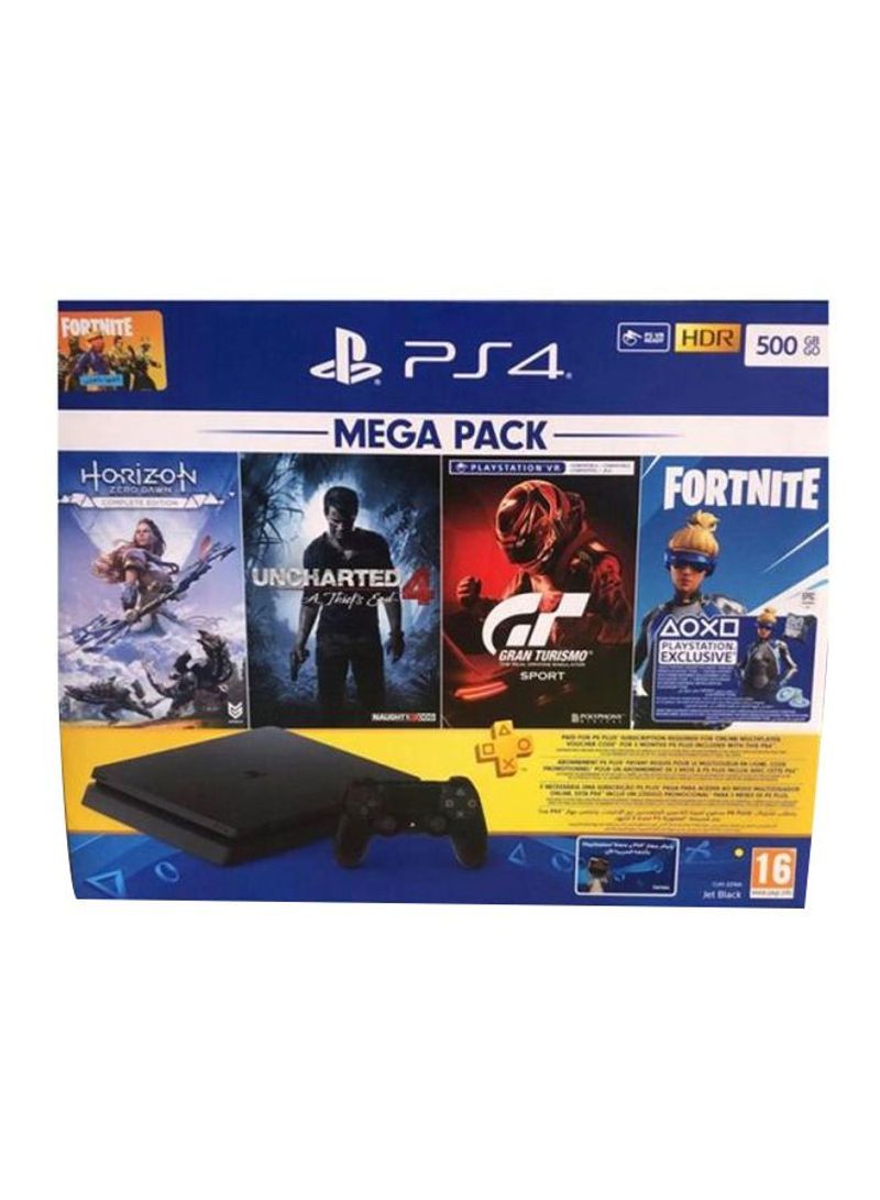 PlayStation 4 Slim 500GB Console With 3 Months Plus Membership And 4 Games (Horizon Zero Dawn, Uncharted 4, Gran Turismo Sport And Fortnite)