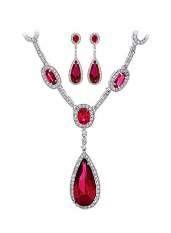 Rhodium Plated Brass Cubic Zirconia And Ruby Studded Necklace And Earrings Set