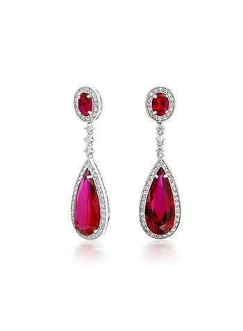 Rhodium Plated Brass Cubic Zirconia And Ruby Studded Necklace And Earrings Set