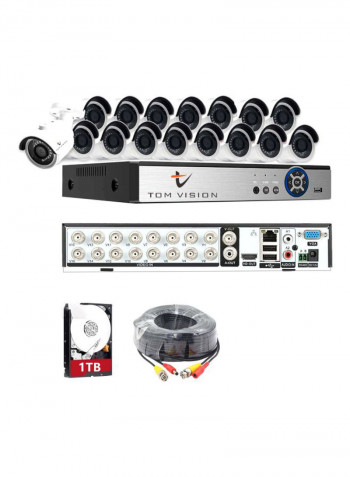 34-Piece 5-In-1 2MP Surveillance Bullet Camera With 16-Channel DVR Recorder And HDD Kit