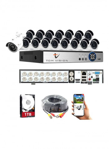 34-Piece 5-In-1 2MP Surveillance Bullet Camera With 16-Channel DVR Recorder And HDD Kit