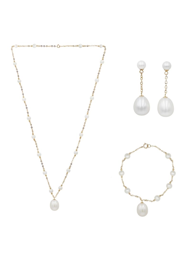3-Piece 18K Gold Exquisite Design Pearl Necklace With Braclet And Earrings Set