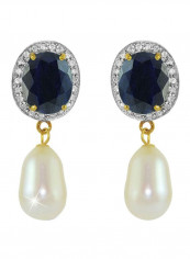 18K Gold Oval Sapphire And Pearl Studded Earrings