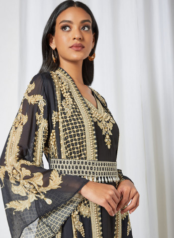 Victorian Jewel Print Abaya Dress Black Gold