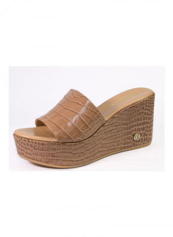 Leather Slip-on Wedge Sandals Beige/Brown