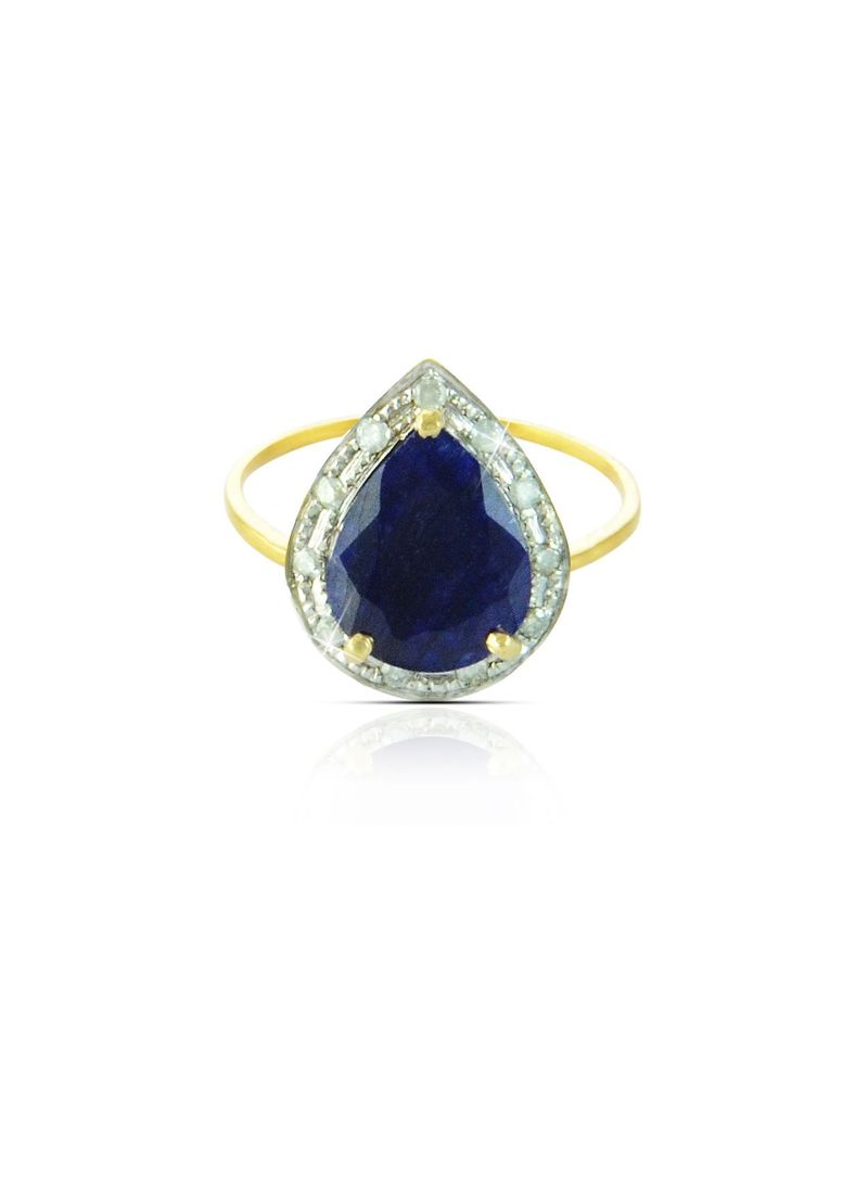 18k Gold 10mm Genuine Drop Cut Midnight Blue Sapphire 0.12Ct Genuine Diamonds Ring