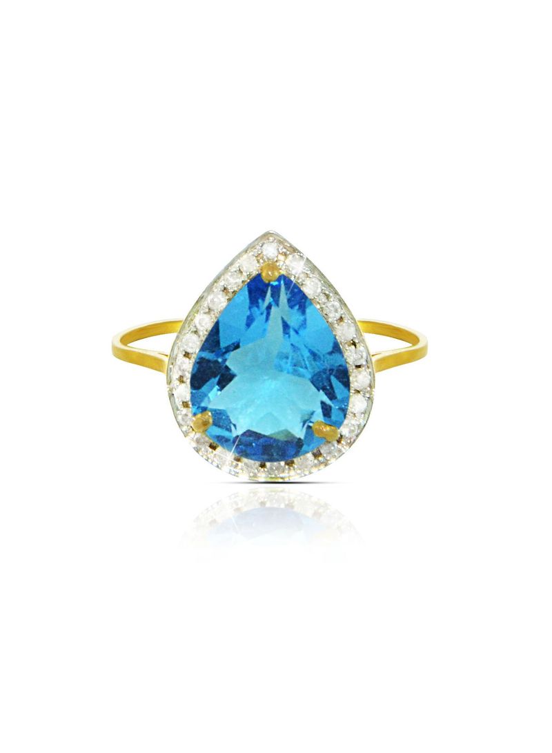 18k Gold 10mm Genuine Drop Cut Swiss Blue Topaz 0.12Ct Genuine Diamonds Ring